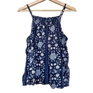 Old Navy Navy Blue Floral Embroidered Smocked Square Neck Cami Tank Top Womens